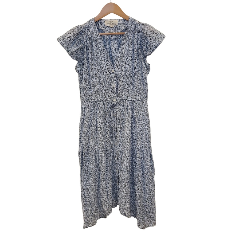 Birds of Paradis Trovata Blue White Flutter Sleeves Tiered Midi Dress XS Pockets